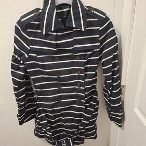 Banana Republic Womens Striped Double-Breasted Trench Coat Petite XS Navy  White